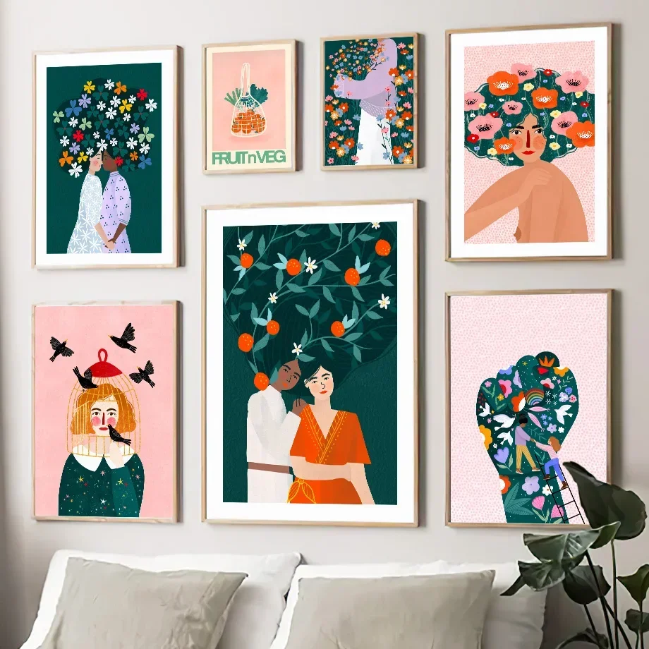 Abstrakte Langhaarige Mädchen-Frucht-Sonnenblumen-Minimalistische Wandkunst Leinwanddruck Poster für Wohnzimmer Heimdekoration