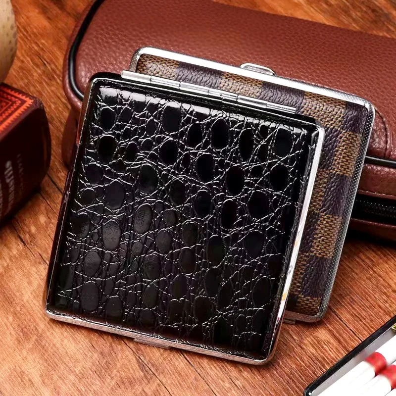 Hot Sale Leather Cigarette Case Box Personalized Creative 20 Sticks With Brown Holder Metal Leather Holds Rubber Band Gift