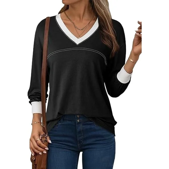 Loose for Fit for V Neck Long Sleeve for top for Women Color Blocked Solid Design Summer Beach Vacation Cycling Comfort for top