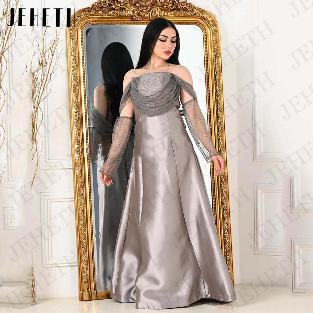 JEHETH فساتين السهرة Strapless Satin Evening Dresses Dubai A Line Long Sleeves Arabic Off Shoulder Prom Gown Formal Backless