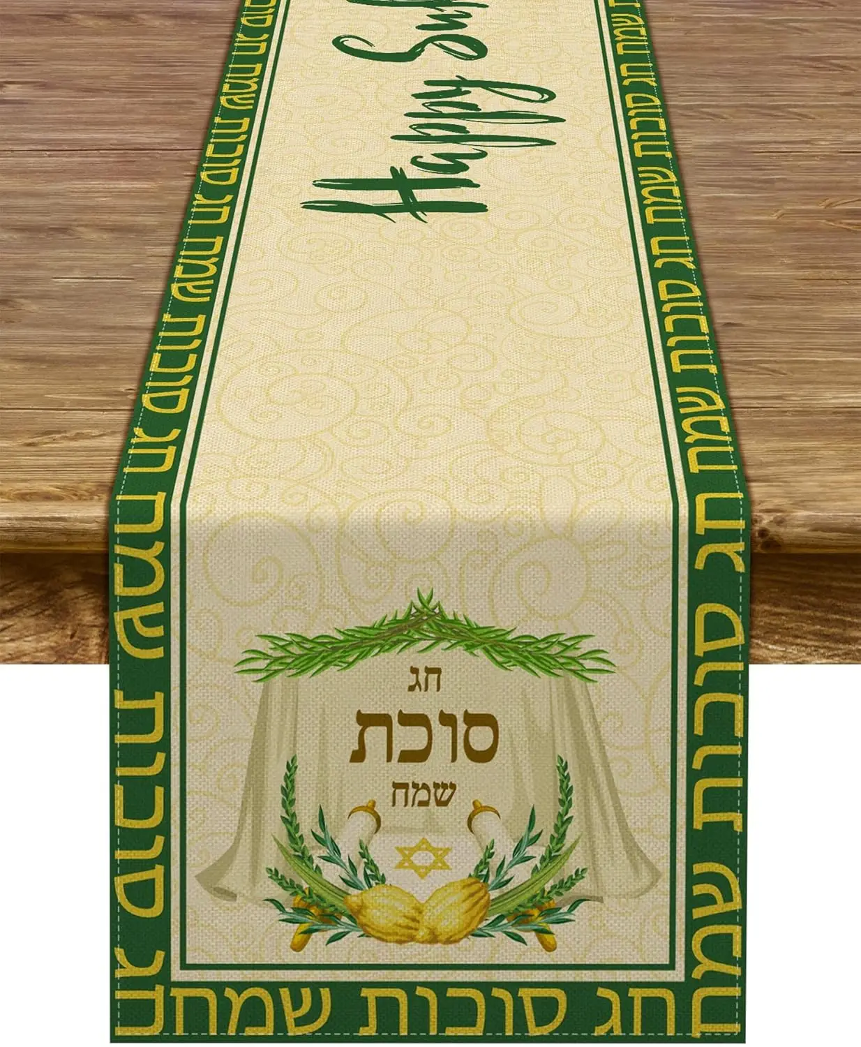 

Happy Sukkot Linen Table Runner Dresser Scarf Sukkah Etrog Lulav Jewish Festival Holiday Party Kitchen Dining Home Decoration