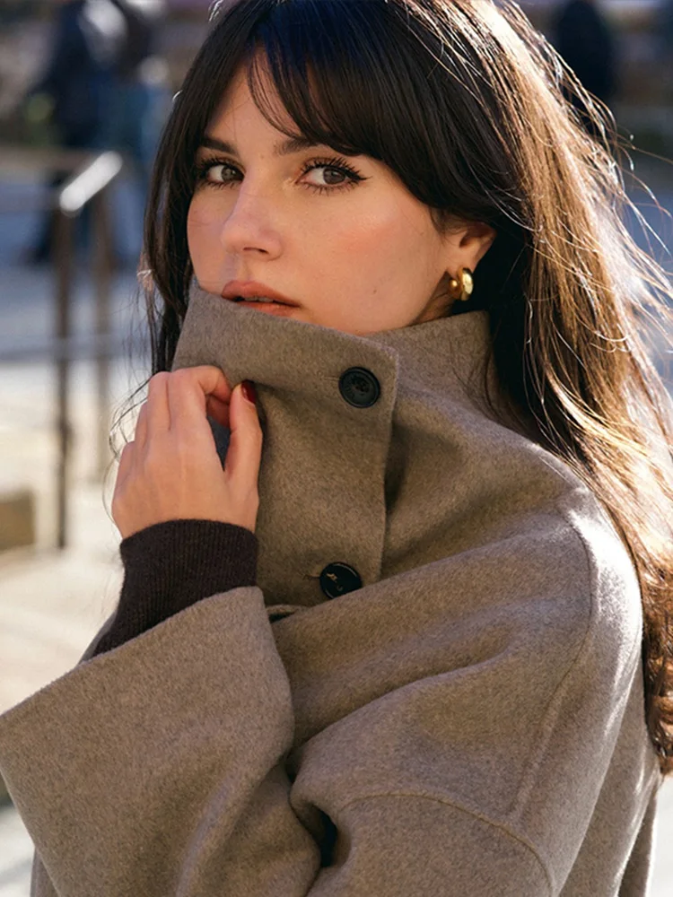 Manteau en laine pour femmes, couleur unie, manches longues, simple boutonnage, veste à lacets, nouvelle collection printemps automne 2026, vêtements d'extérieur quotidiens