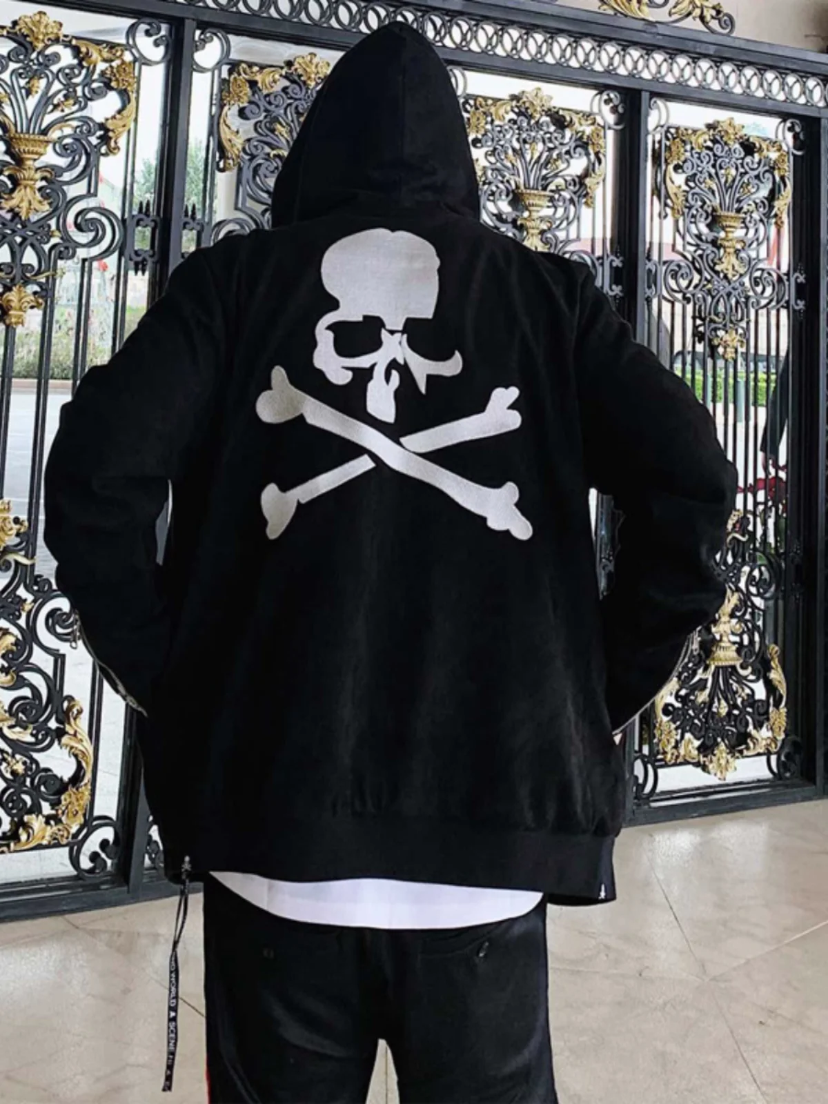 

Men's Skull Black Printed Embroidery Cardigan Couple Hooded Black Zippered Cuffs Hoodie Coat Autumn/ Winter