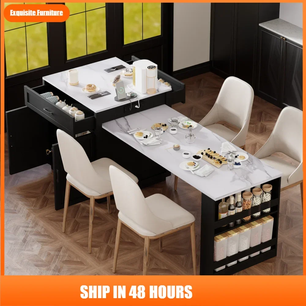 

82.7 inch Kitchen Island with Extendable Dining Table for 4-6 Person,Faux Mable Kitchen Table with Double-sized Storage,Power