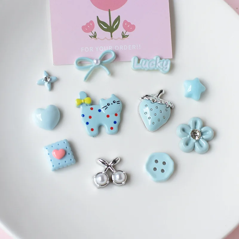 Blue Theme Cute Cat & Strawberry Shoe Charms Flowers Cherry Bow Resin DIY Clogs Ornaments for Women Summer Sandals Decor Gifts