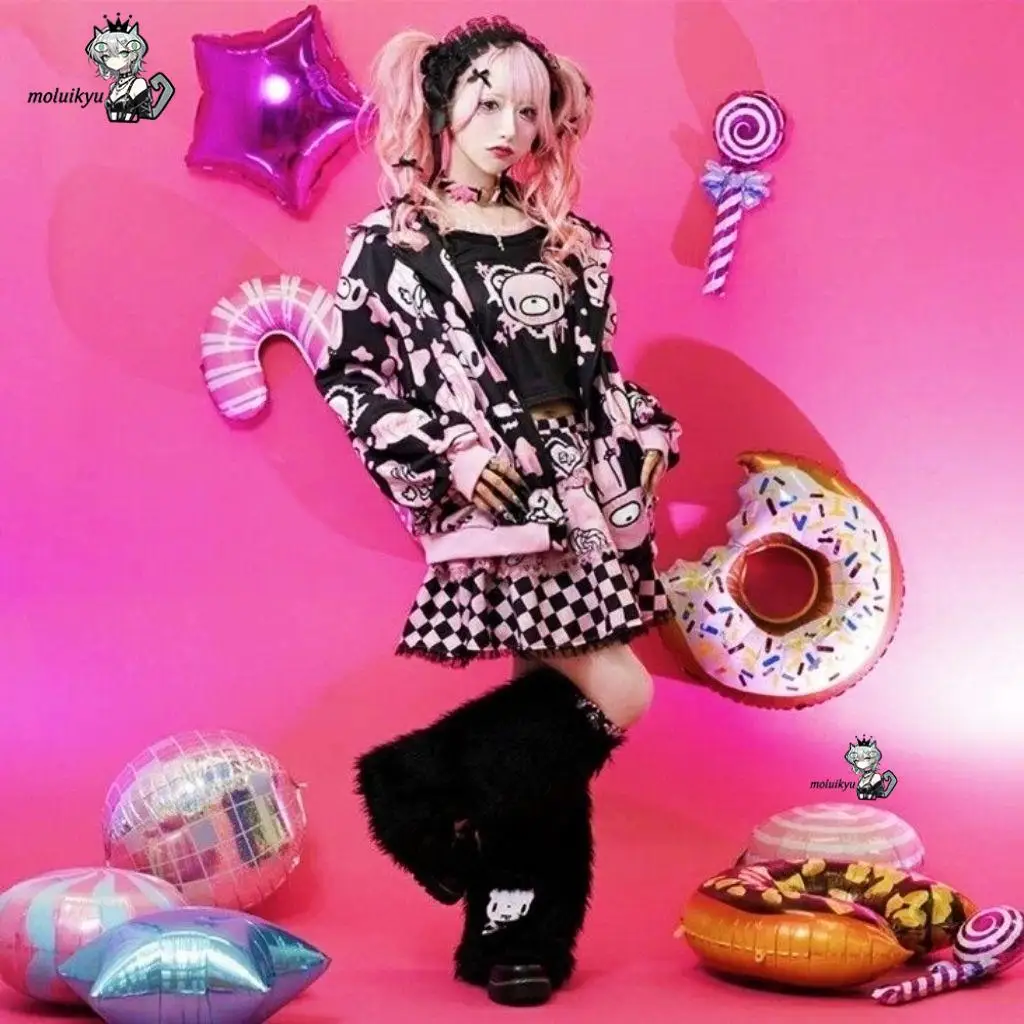 Cartoon Japanese Subculture Y2K Long Sleeve Hoodie Women Zip Up Printed Bear Coat Casual Harajuku Yami Kawaii Hooded Sweatshirt