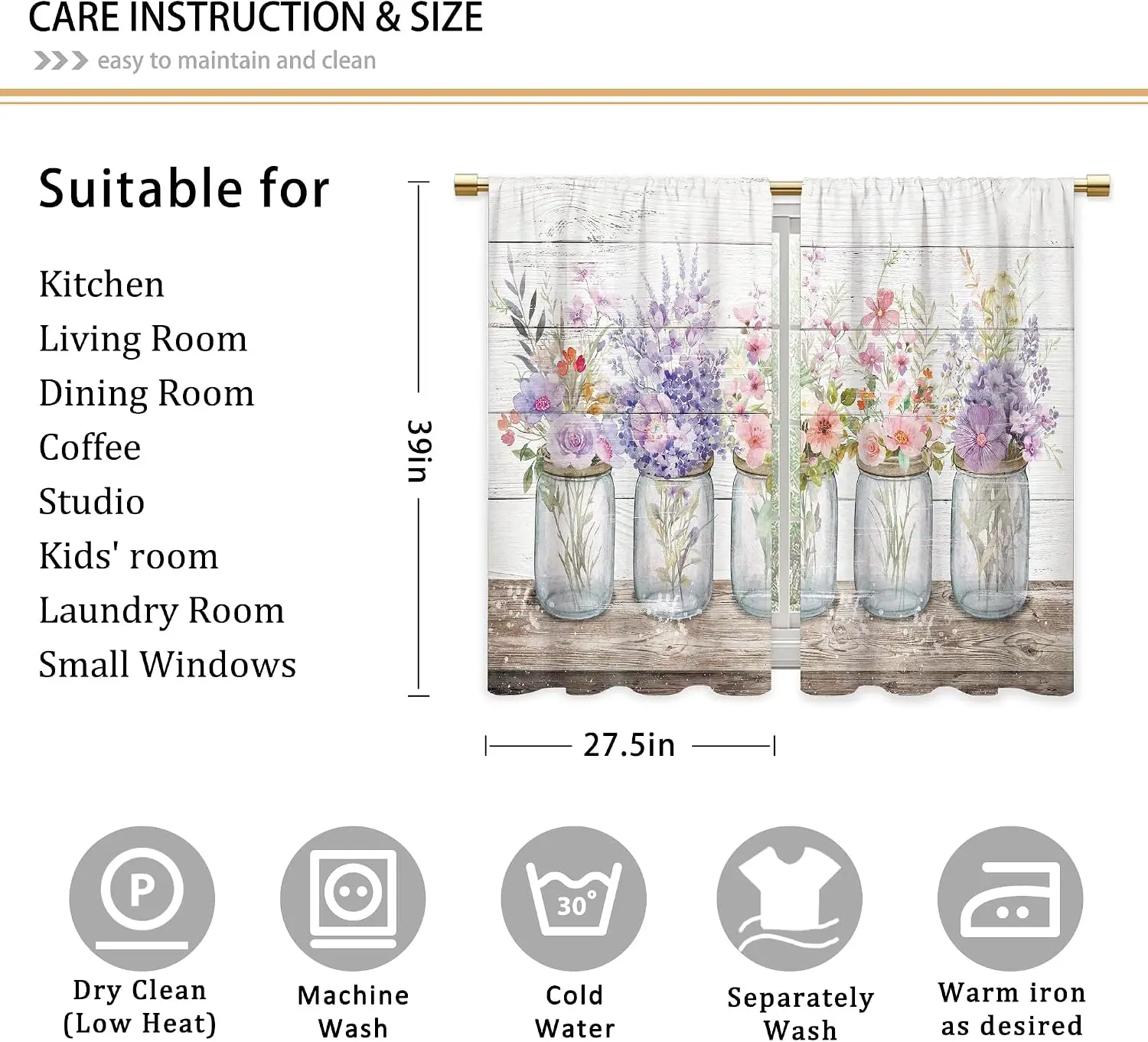 Rustic Floral Bouquet Curtain Pair Cottagecore Spring Farmhouse Window Drapes Botanical Prints Home Decor