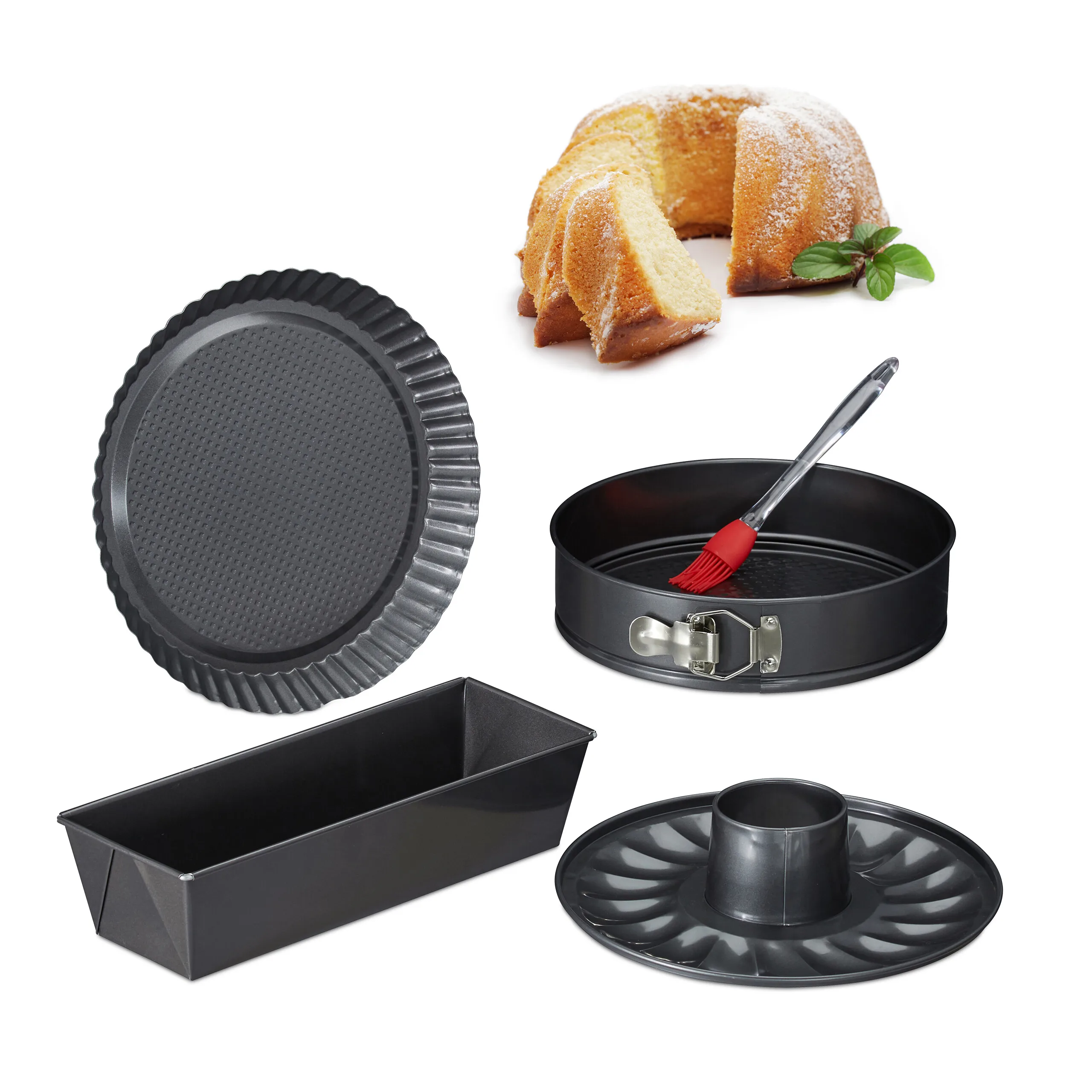 Backform-Set 5-teilig, mit Rohrboden, für Kuchen und Torten, Carbonstahl, anthrazit, Springform, Kastenform, Obstbodenform, Backpinsel, Relaxdays