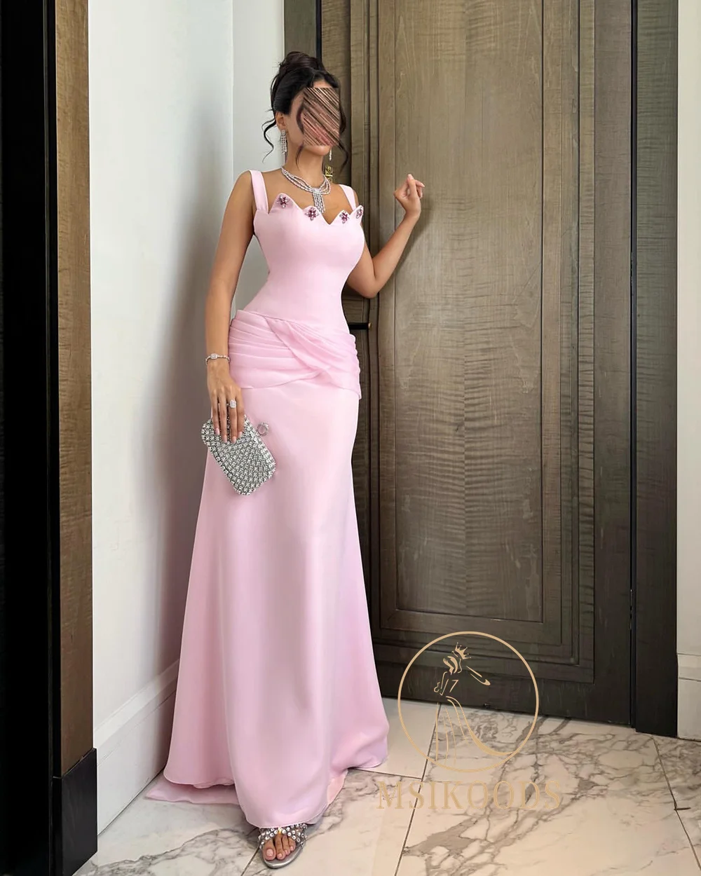 فساتين سهرة وردية من Msikoods 2025 أنيقة مطوي مطرز بالخرز فستان رسمي طويل للحفلات الراقصة ثنيات فستان الحفلات العربية حسب الطلب