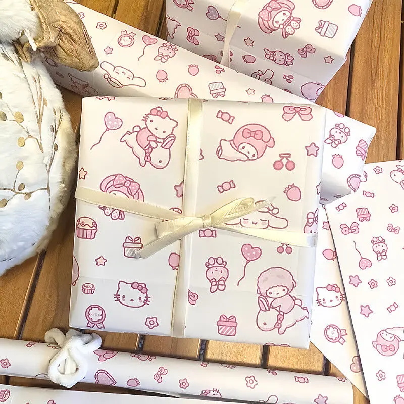 Sanrio Hello Kitty Wrapping Paper Kawaii Cute Anime Toy Birthday Party Bento Snack Gift Wrapping Paper and A Roll Fine Hemp Rope