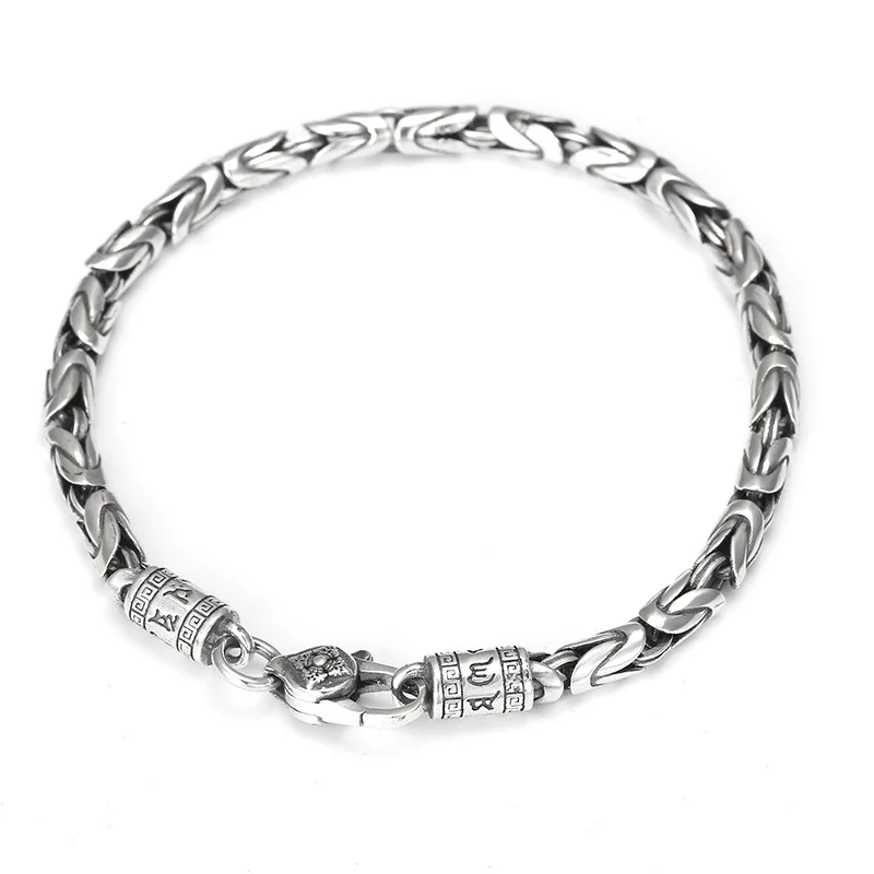 S925 Sterling Silver Bracelet Male trendsetter Fashion Retro Dragon Bone Peace Pattern Woven Chain Simple Single Personality Bra