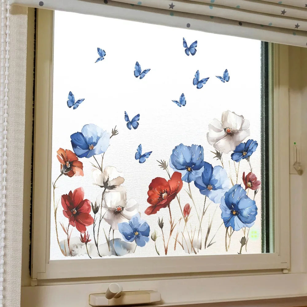 1PCS Watercolor Flower Poppy Glass Window Home Landscaping Decoration Electrostatic Uv Window Sticker