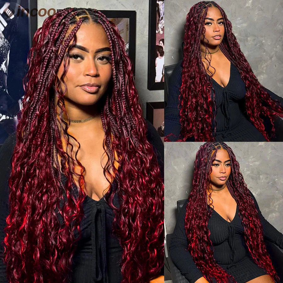 

Boho Full Lace Knotless Braided Wigs For Women Bohemian Curly Knotless Box Wig Synthetic Square Part Braiding Wig With Baby Hair