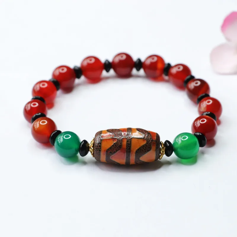 Tiger Tooth Dzi Bead , Red Agate Bracelet, Chalcedony