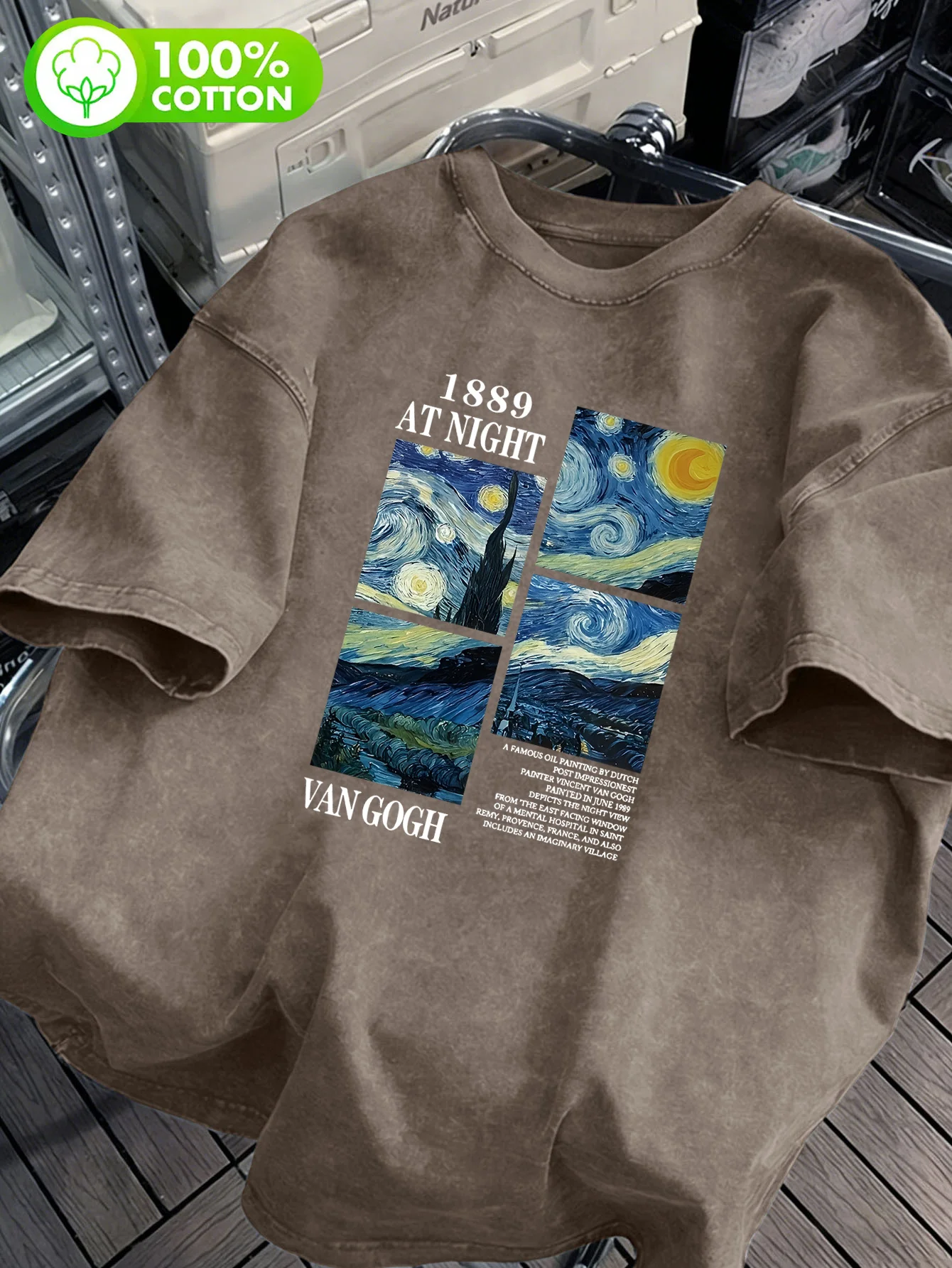 Men 100% Cotton Vintage Washed Van Gogh Starry Night Print T Shirt Retro Art Crew Neck Summer Casual Oversized Street Top S-3XL