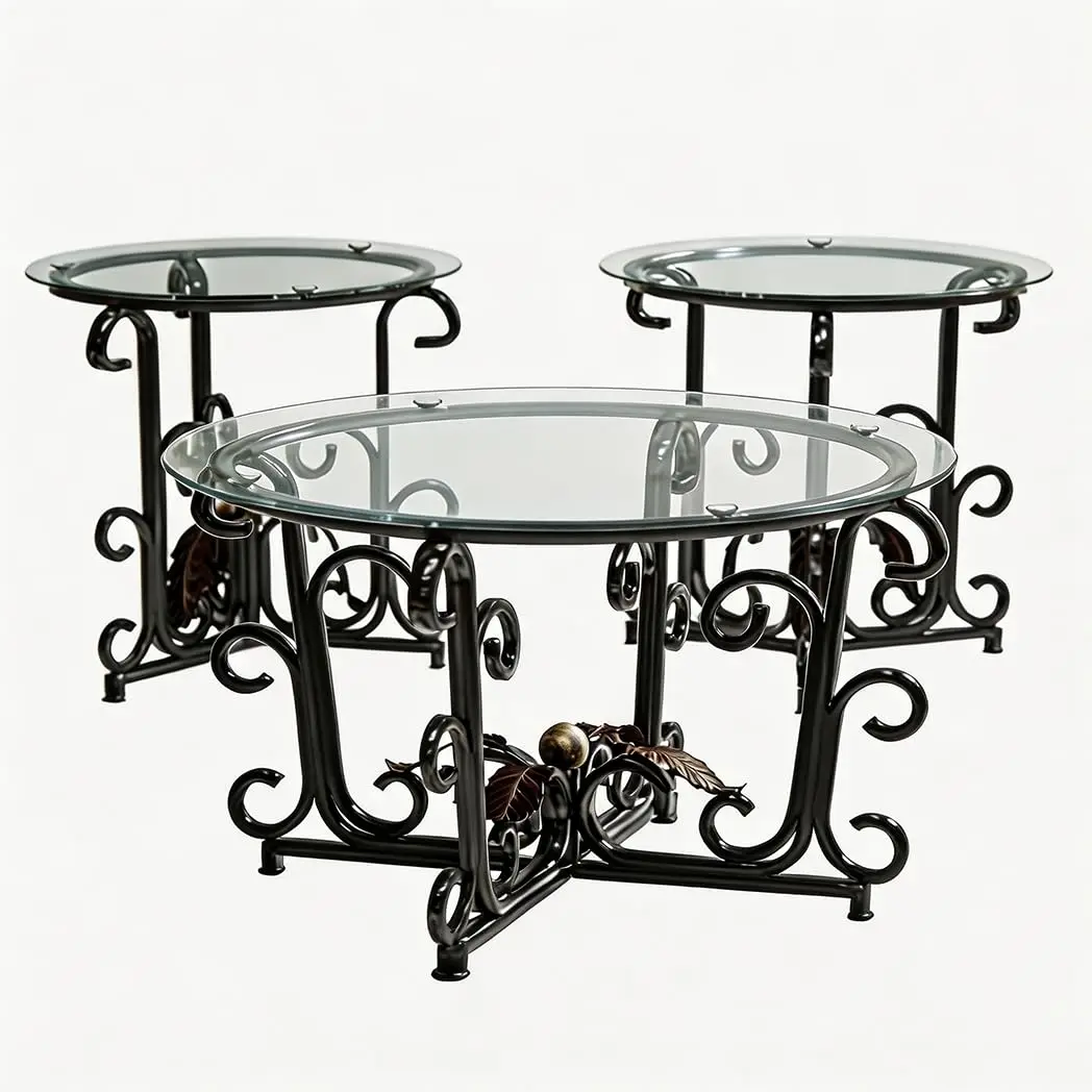 Round Nesting Coffee Table Set 3 Tempered Glass Top Wrought Iron Scroll Frame Living Room Apartment Patio, Customized