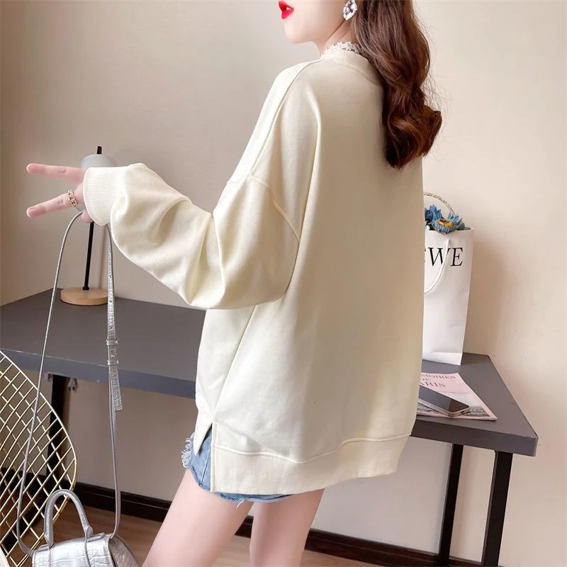 Vintage Embroidery Oversized Streetwear Female Sweatshirt Autumn Casual Black White Long Sleeve Pullover Loose Cotton Tops Women