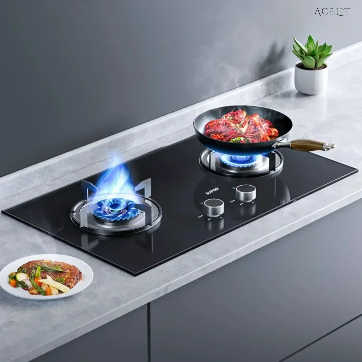 Household built-in gas stove featuring a double stove set. Boasts fierce firepower.