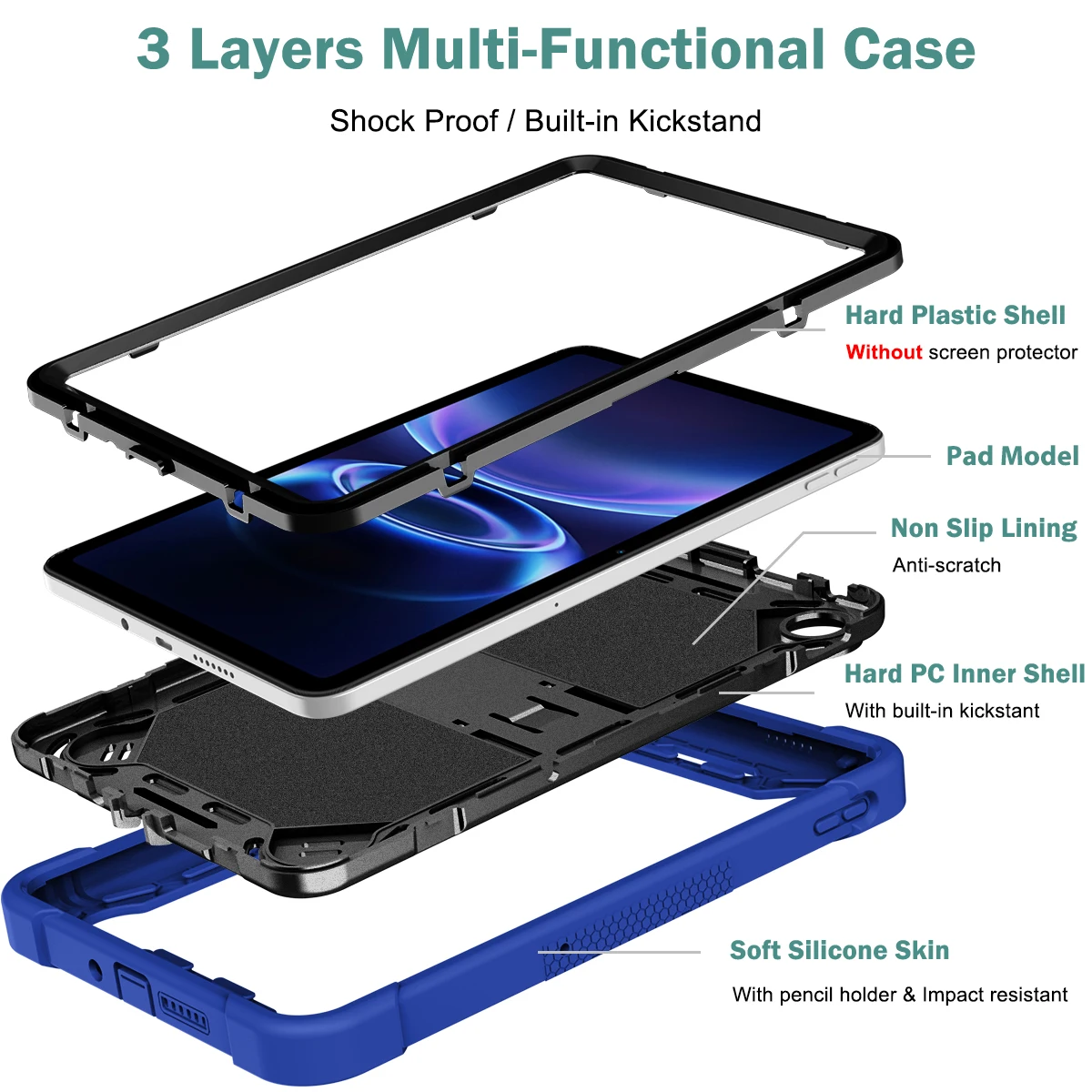 Armor Universal Case For Xiaomi Poco Pad C1 Redmi Pad 2 9.7 2026 Built-in Kickstand 3-Layers Protect Anti-Slip Cover Shockproof