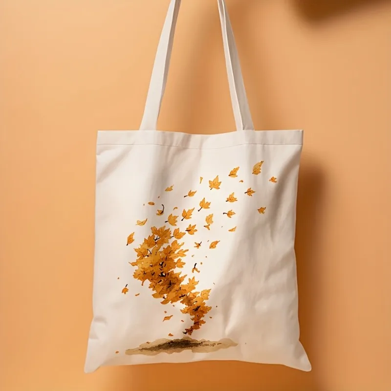 Autumn Maple Leaf Watercolor Print Canvas Single Shoulder Bag Women Fall Pattern Handbag Ladies Daily Book Shopping Bag