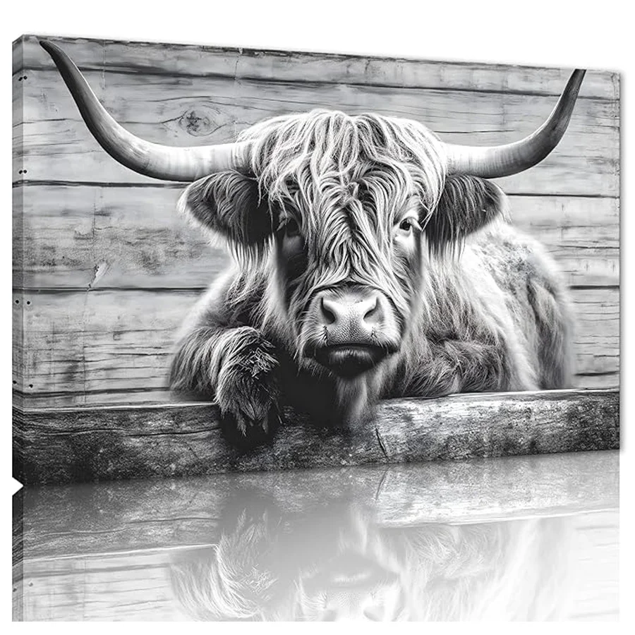 

Highland Cow pattern diamond art painting kit Wall Art Retro Black and White Ranch furry cow 5D mosaic embroidery for home decor