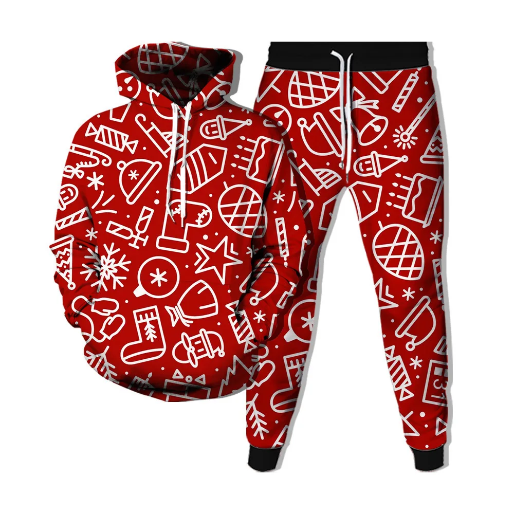 Men\'s Hoodie Sets 3D Printed Santa Claus Men Women Tracksuit Pants 2Pcs Suits Oversized Christmas New Year Party Couple Clothing