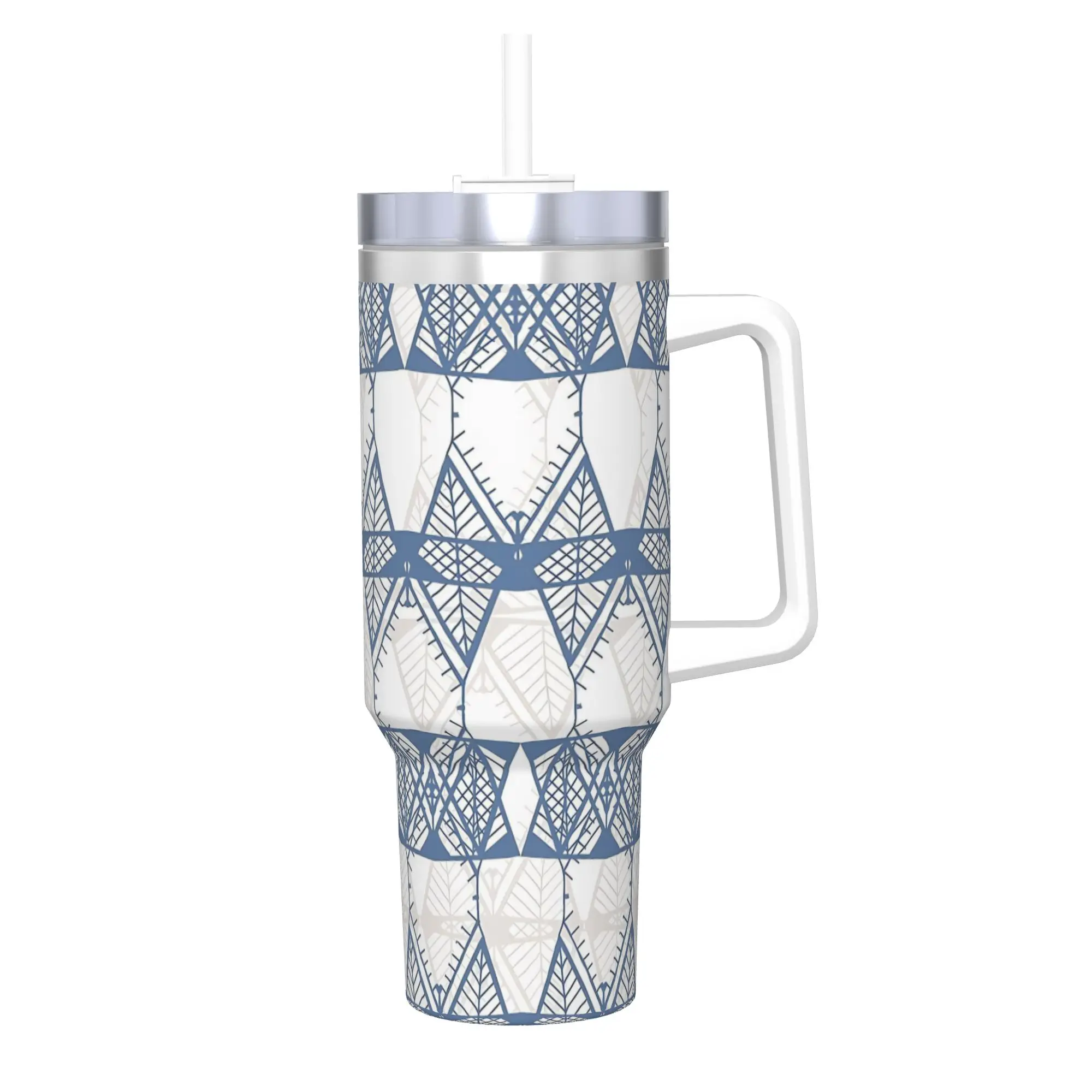 Geometric Blue Doodles  Insulated Tumbler with Straws Geometric Ink Blue Stainless Steel Coffee Mugs Double Wall Bottle Cup 40oz