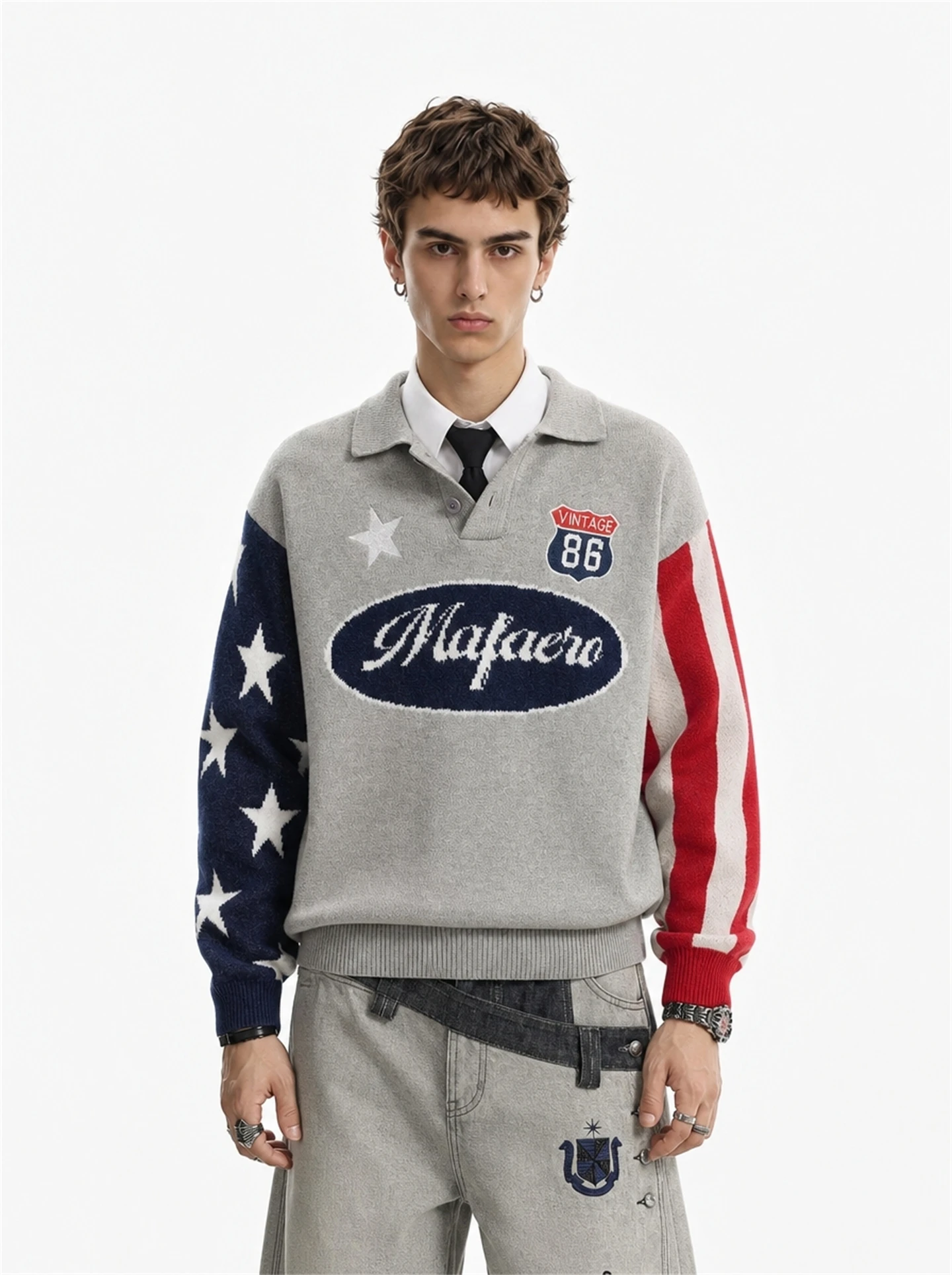 American High Street Loose Fit Color Block Knitwear Men's Autumn New Style Versatile Cool Sweater Tassel Detail Crew Neck