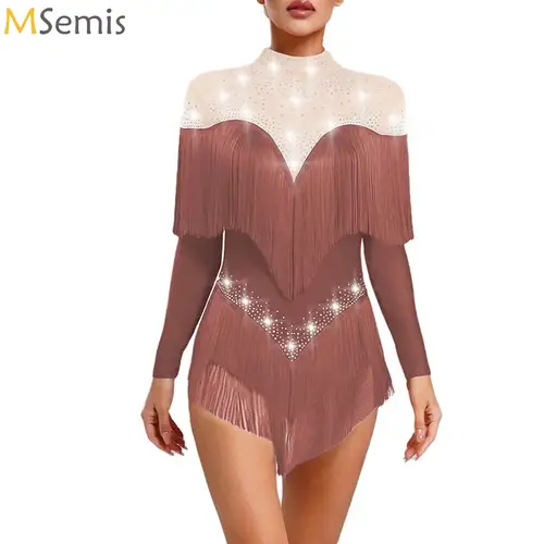 Vestido de baile latino para mujer, diamantes de imitación brillantes, manga larga, salón de baile, baile lírico latino, puesta en escena, leotardo, traje de baile