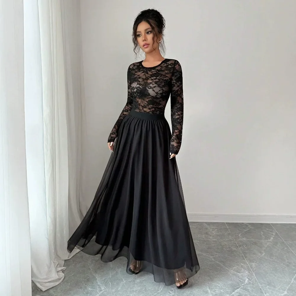 Women Lace Panel Long Sleeve Dress Fashion Slim Fit Soft Breathable Stretchy Flattering Comfy Casual Date Party Autumn New