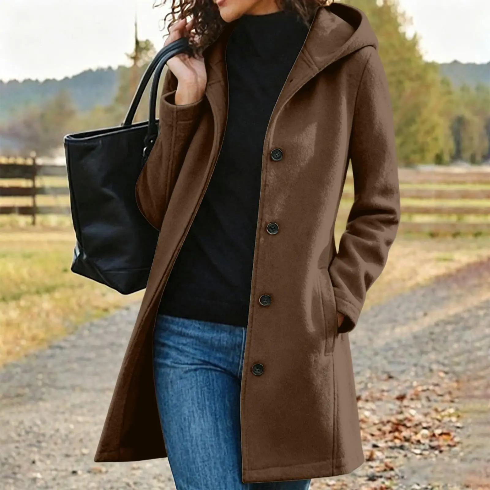 2026 Cross-border European American Women Hooded Woolen Coat, Mid-length Single Breasted Solid Color Casual Overcoat, New Autumn
