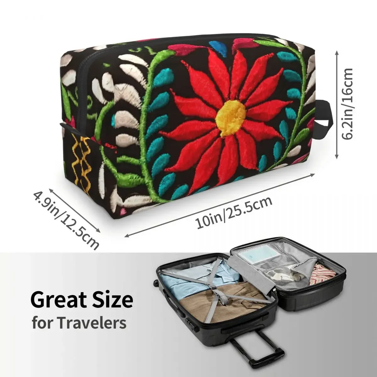 Mexican Spanish Embroidery Flowers Travel Toiletry Bag Women Traditional Textile Flowers Makeup Organizer Storage Dopp Kit