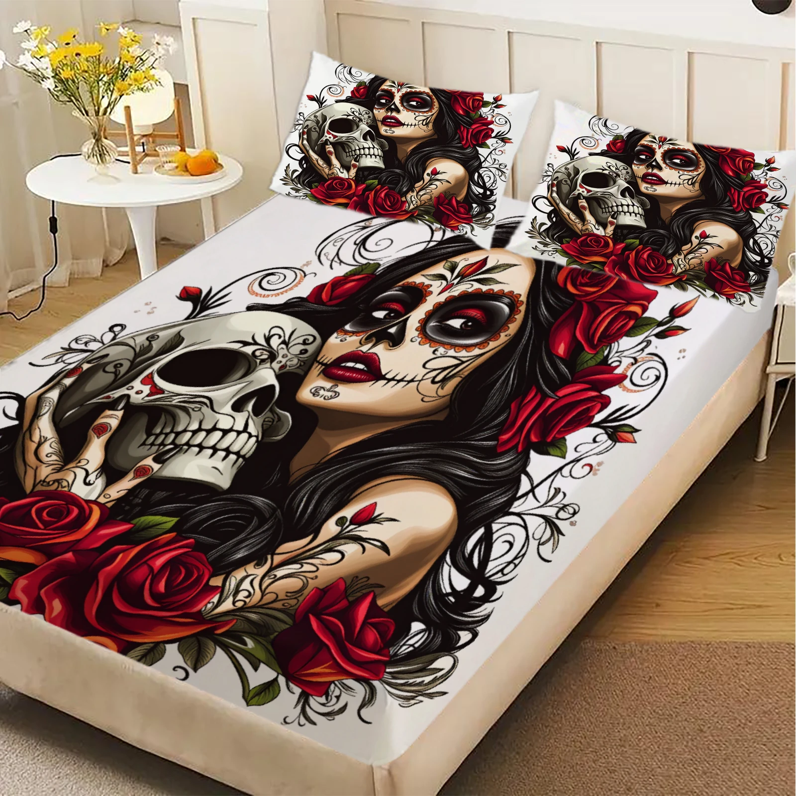 3pcs Sugar Skull Woman Fitted Set 3D Printed Day Of The Dead Flat Sheet Sets With Pillowcases No Filling  Retro Illustration
