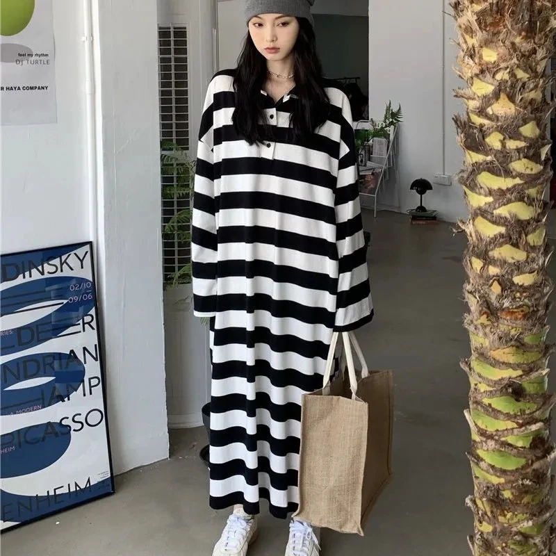 

Plus Size 5XL 150KG Spring Striped Dress O Neck Women Long Sleeve Large Loose Long Dress Casual Vestidos su