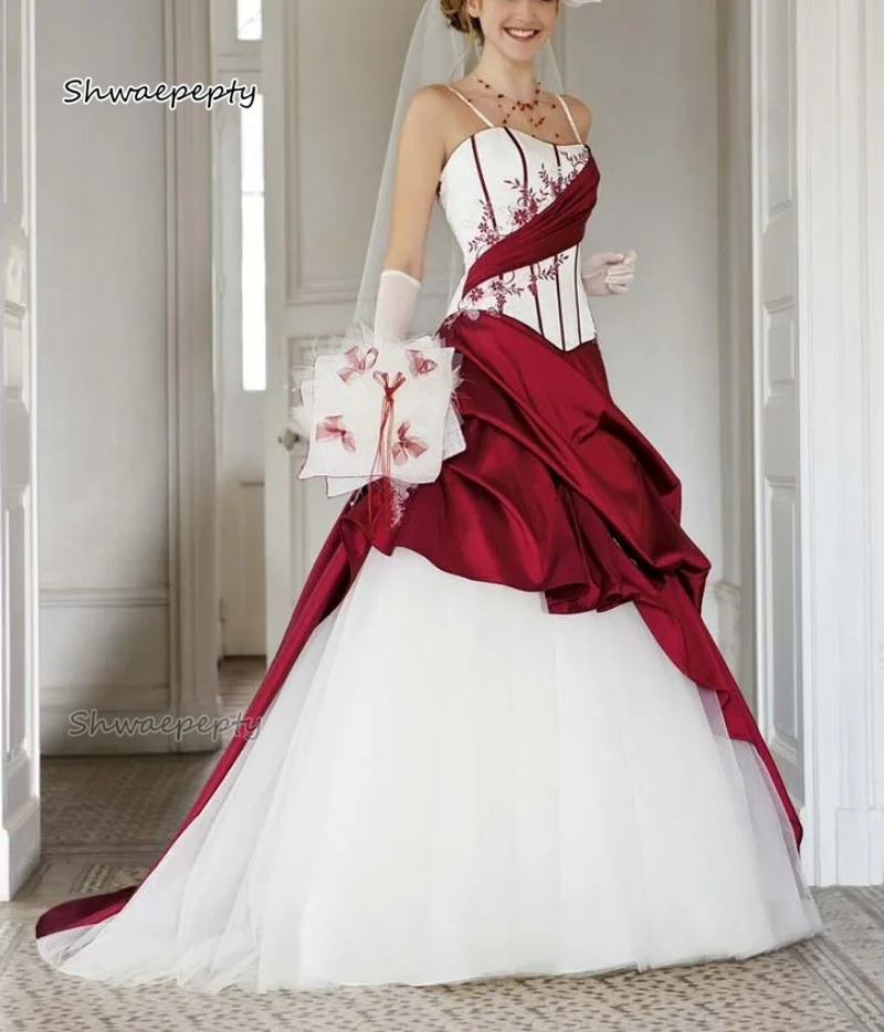

Dark Red And White Wedding Dress Ruched Appliques Spaghetti Straps Long Elegant Bridal Gown Customized