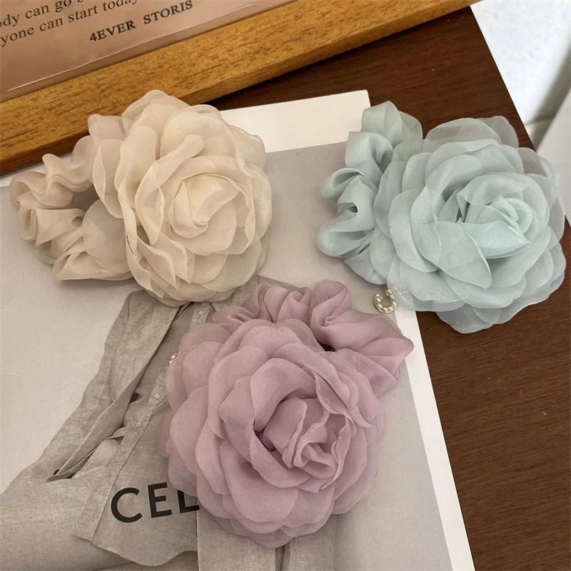 Gentle Pure Wind Low Saturation Color Mesh Rose Hair Band New Ponytail Hairs Rope Flower Head Rope Hair Accessories Hair Ties