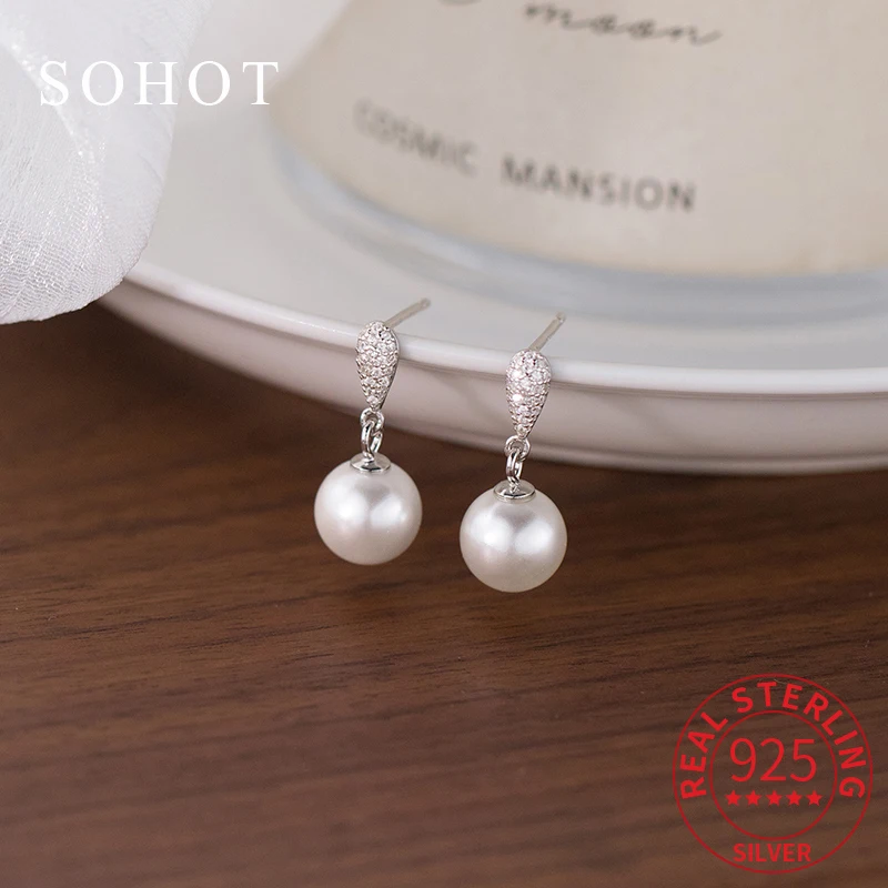 

Real 925 Sterling Silver Water Drop Pearl Pendant Full Zircon Stud Earrings for Charm Women Fine Jewelry Exquisite Accessories