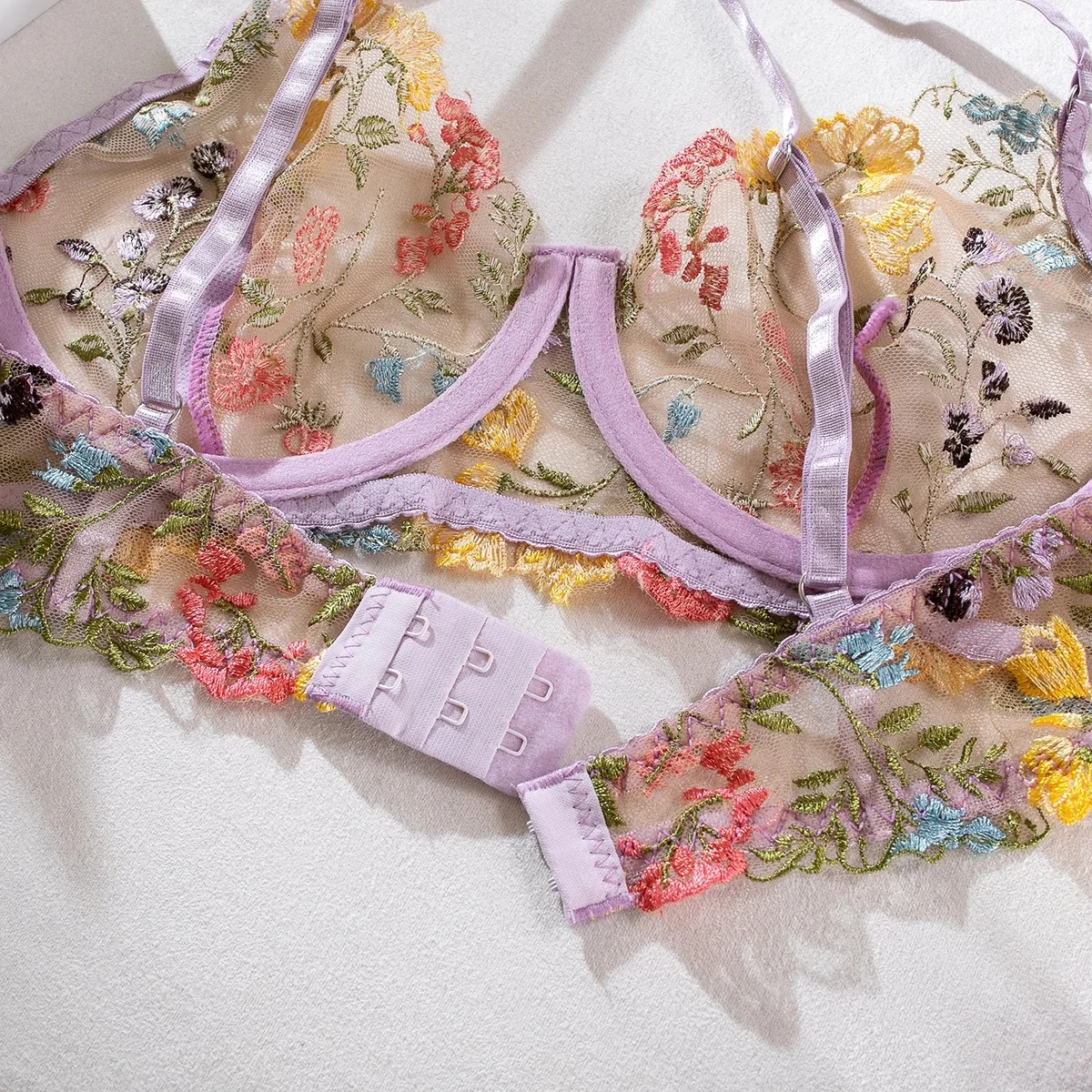 Yimunancy Bloemenborduurwerk Lingerie Set Vrouwen Doorschijnende 2-delige Boho Bh Slip Ondergoed Set Intimi