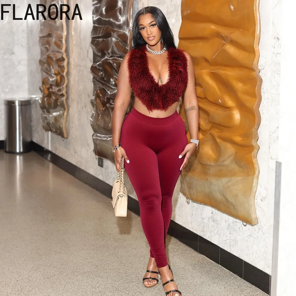 

FLARORA Sexy Faux Fur Two Piece Sets Woman Plush Bandage Backless Halter Camisole And Skinny Pants Outfits Y2k Party Clubwear