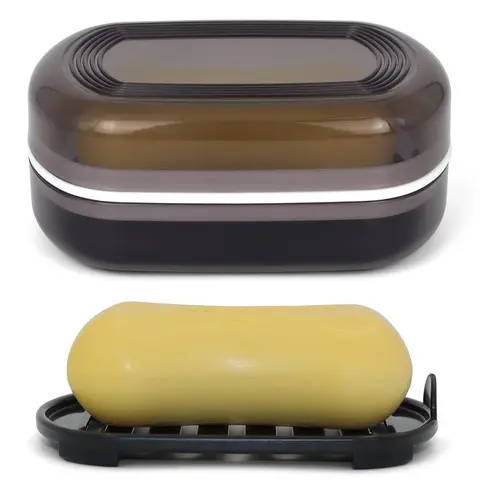 Portable Bathroom Soap Holder Container Box for Shower Black Covered Travel Soap Dish Double Layered Bamboo Storage