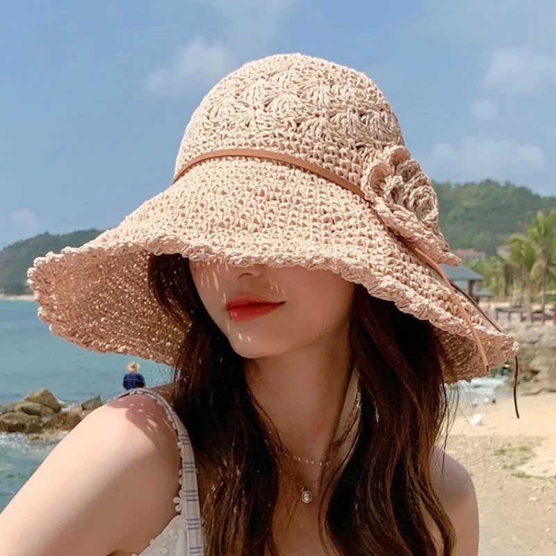 المرأة الصيف قبعة القش الشاطئ طوي حماية الشمس واسعة حافة قبعة الشمس Bowknot الزهور الشريط بنما في الهواء الطلق لينة أغطية الرأس