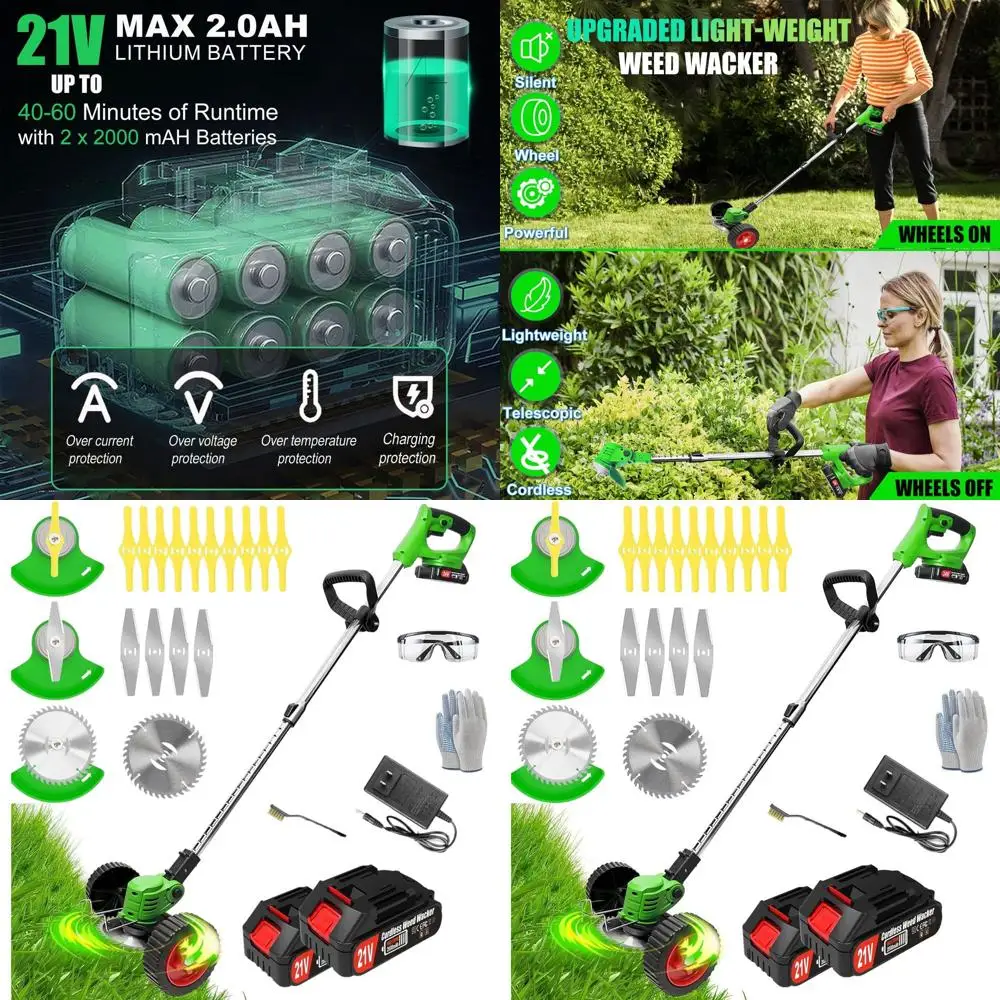 

Аккумуляторный триммер для травы 21В, легкий, 3-в-1: триммер для газона/бордюров/кусторез с 2 аккумуляторами по 2000 мАч для ухода за газоном и садом