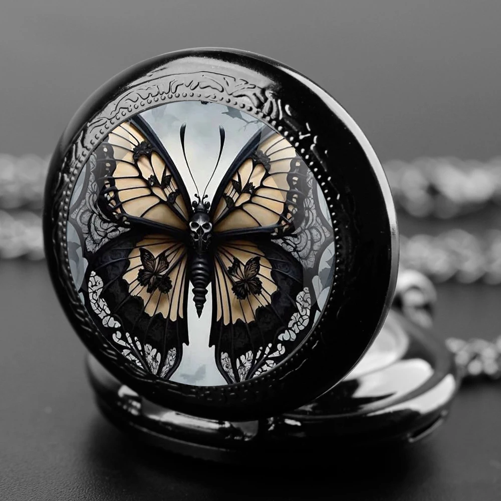 Fashion Skeleton Butterfly Quarzt Pocket Watch with Chain Necklace Vintage Quartz Pendant Watches Clock Chain Mens Women