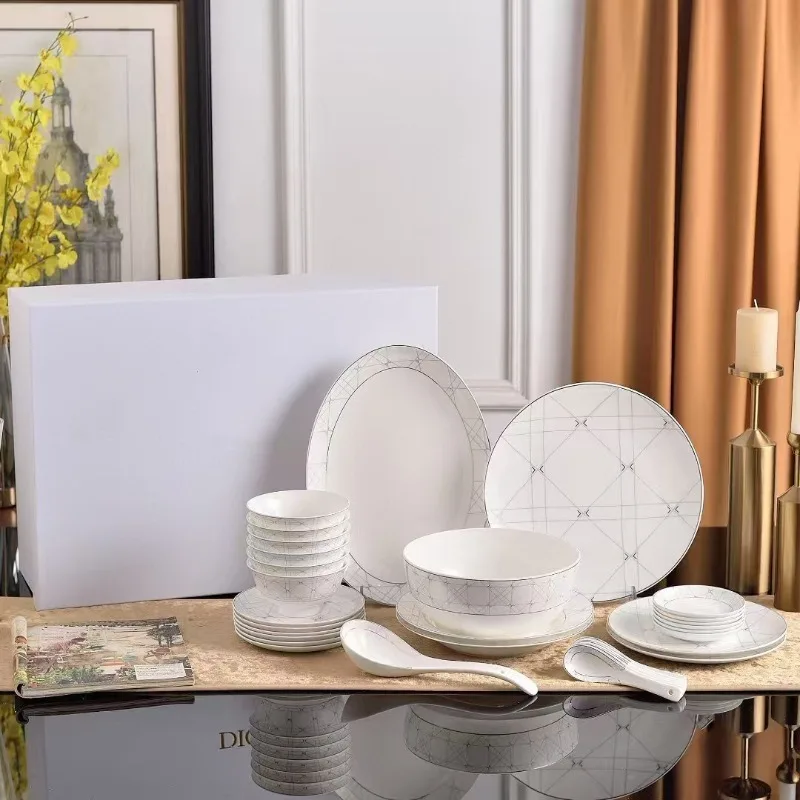 European simple and creative, white grid tableware, bowls, plates, spoons, bone china 32-head configuration set tableware
