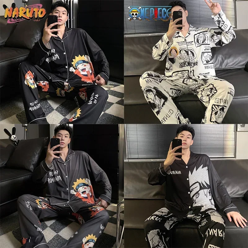 Naruto Long Sleeved Pijama for Men Autumn Home Clothes Cotton Pajamas Set Anime ONE PIECE Nightwear Cardigan Party Pyjama Gift