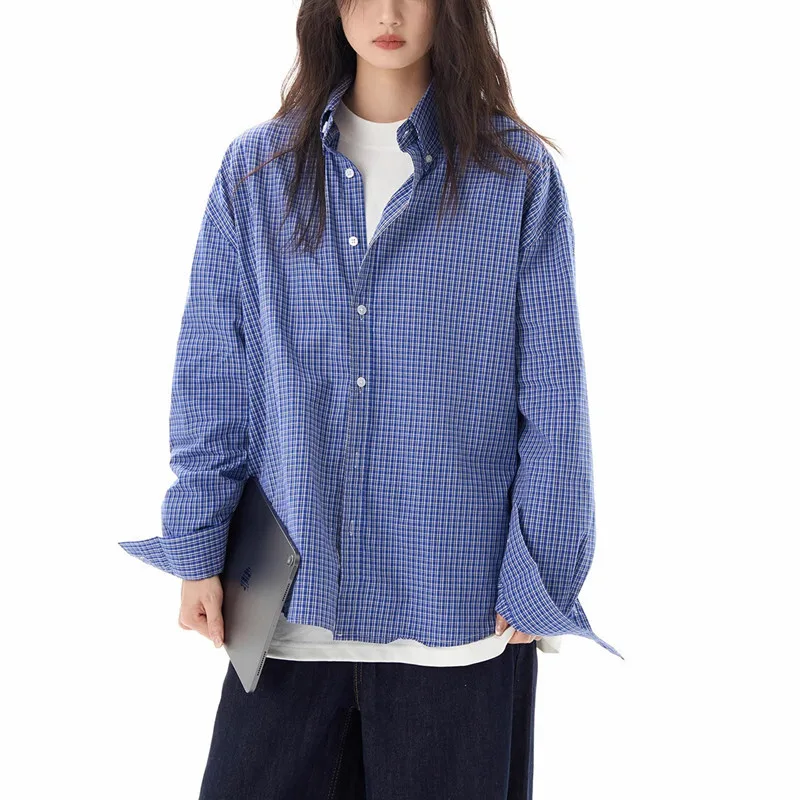 

Женские рубашки Американская синяя клетчатая рубашка с длинными рукавами, мужская и женская высококачественная повседневная свободная универсальная куртка-рубашка для пар