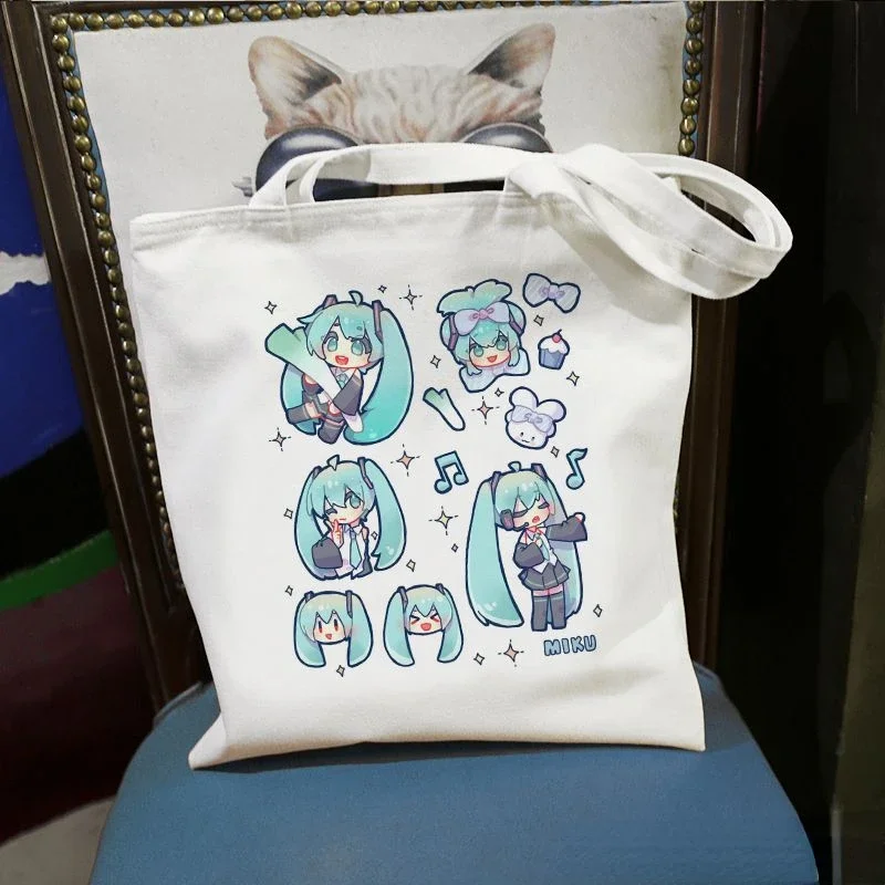 Hatsune Miku Canvas Tote Bag Cute Anime Print Handbags With zippers Reusable Shopping Bag Vocaloid Kawaii Eco Shopper Bag Gifts