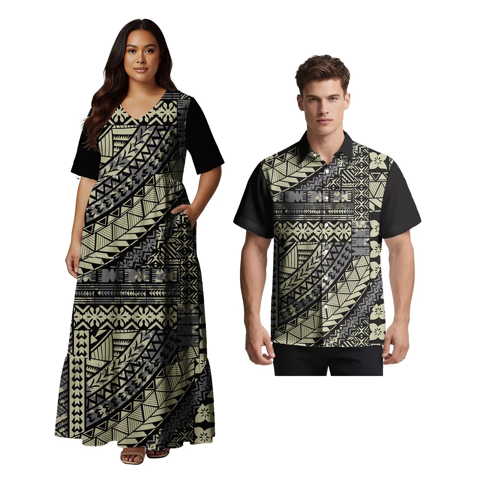 مخصص حسب الطلب ملابس مريحة ساموا التصميم الكلاسيكي فستان نسائي هاواي ألوها الرجال قميص بولينيزيا مجموعات من الأزواج
