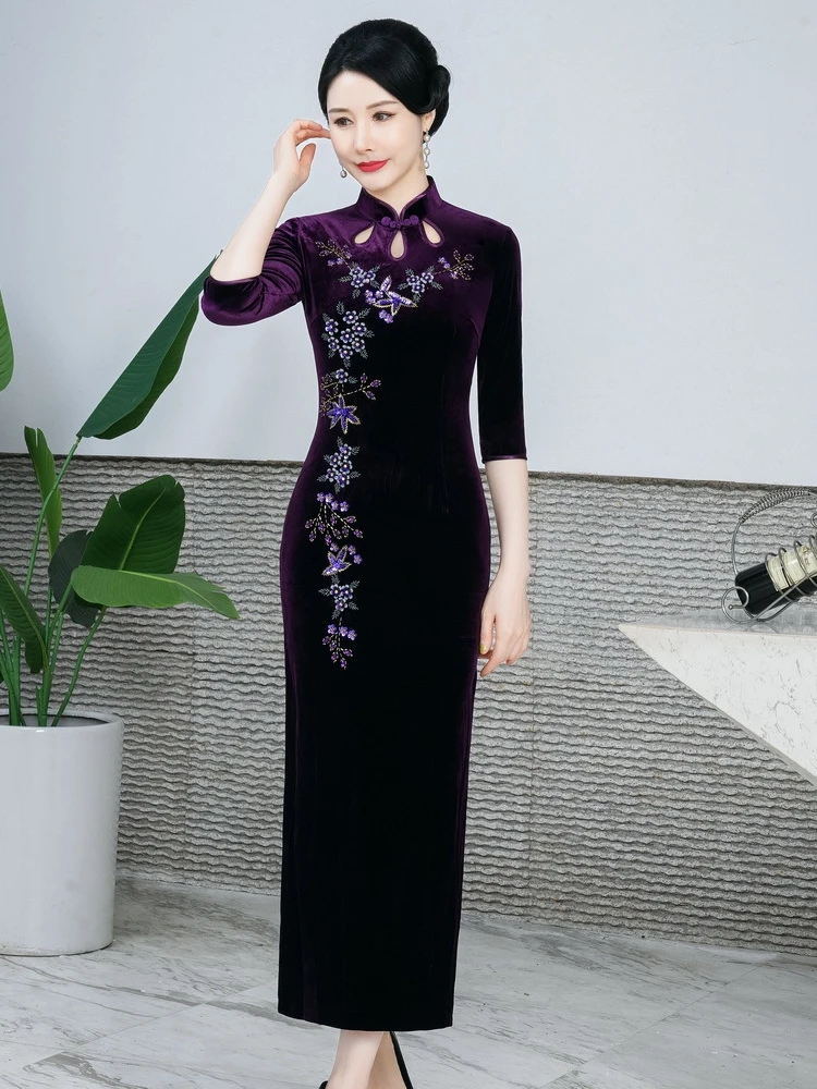

Retro Sle Long Qipao Dr Ele Personali Improved Velvet Slim Fit Wedding Guest Dr Beadwork Chinese Faion
