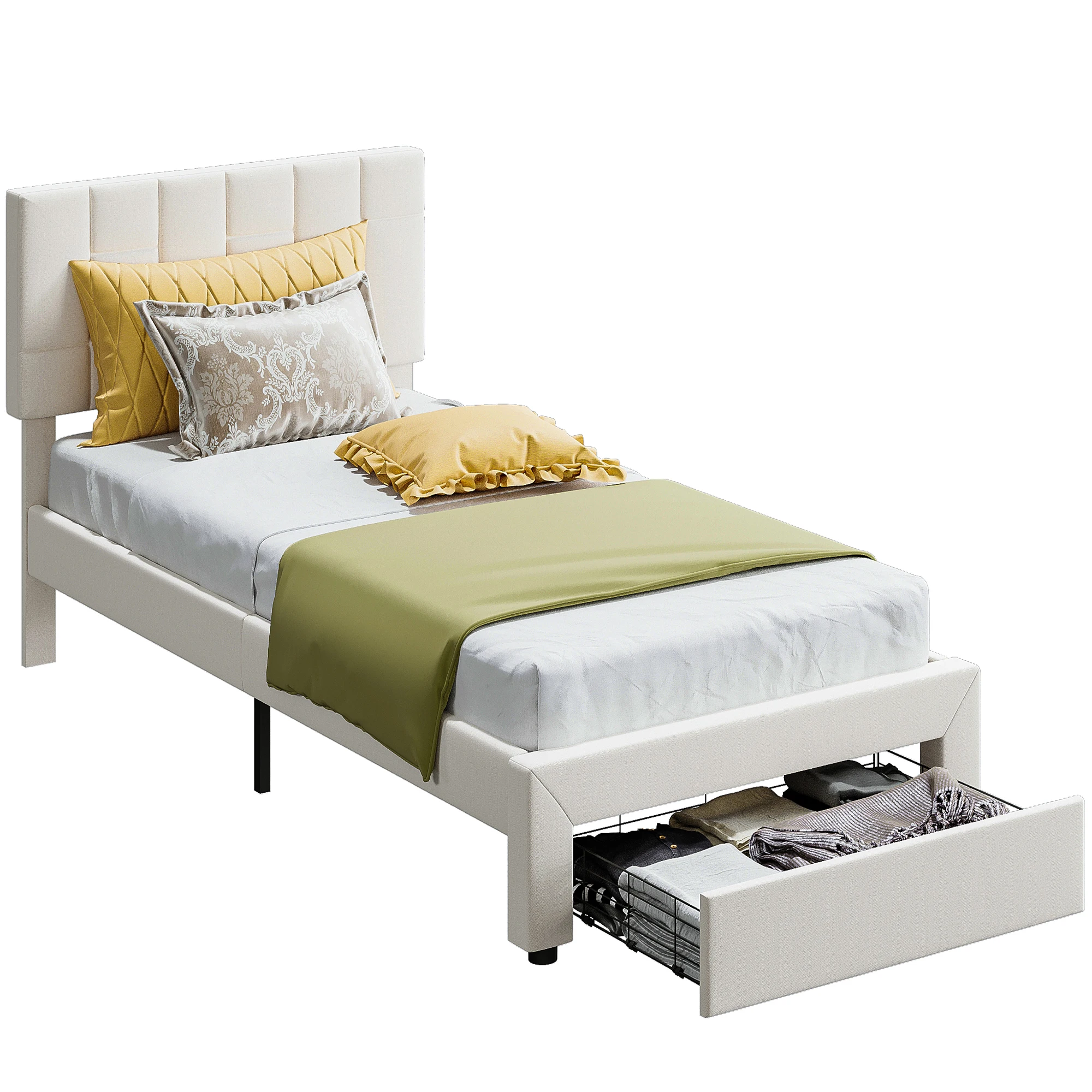 LIKIMIO Twin Bed Frame with Under-Bed Drawer, Platform Upholstered with Headboard, No Box Spring Needed/Noise-Free